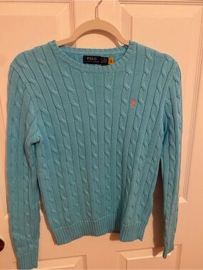 Polo by Ralph Lauren Women's Cable Knit Sweater in Light Aqua w/ pink pony logo